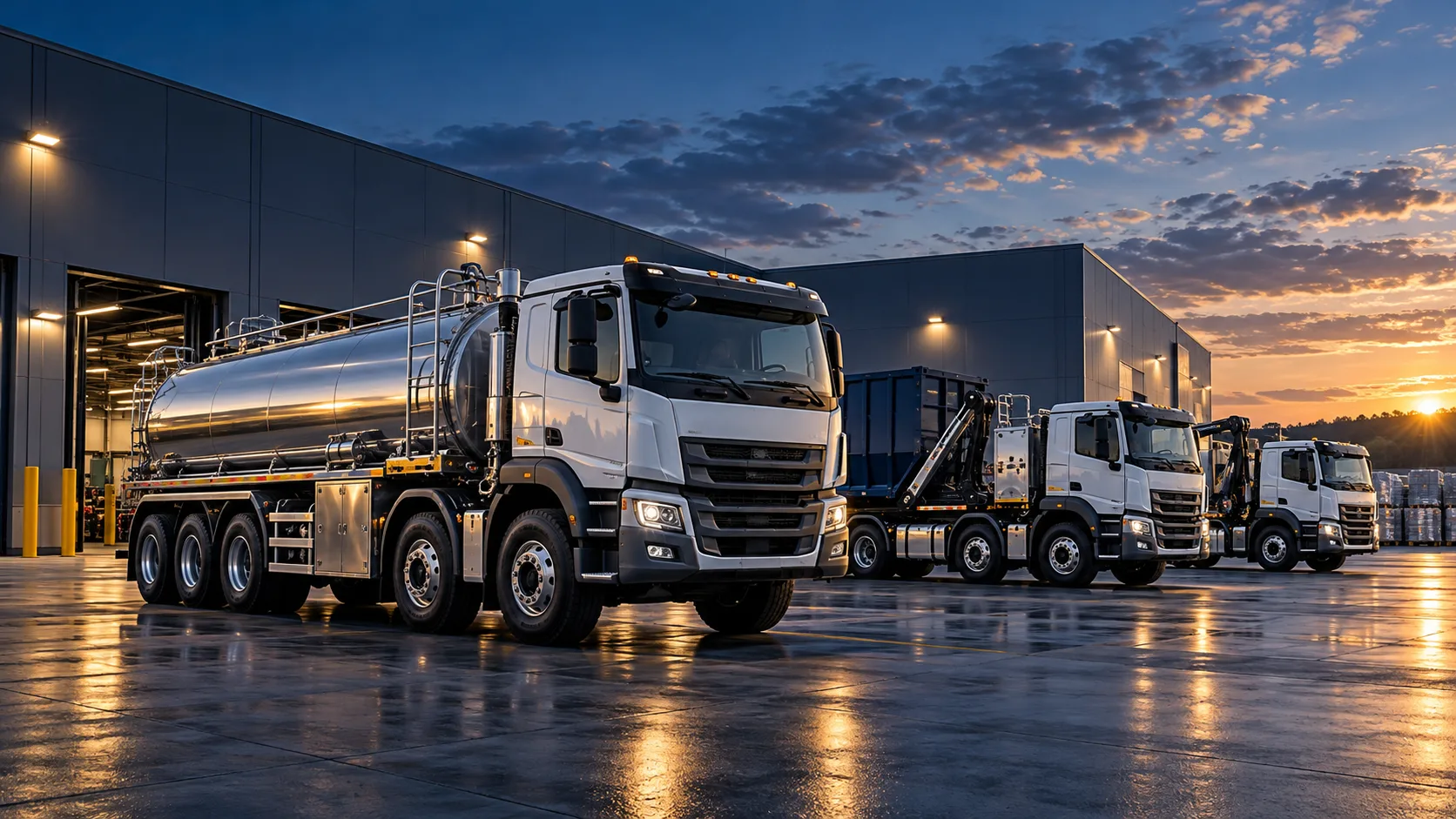 Heavy-duty commercial trucks at a logistics warehouse